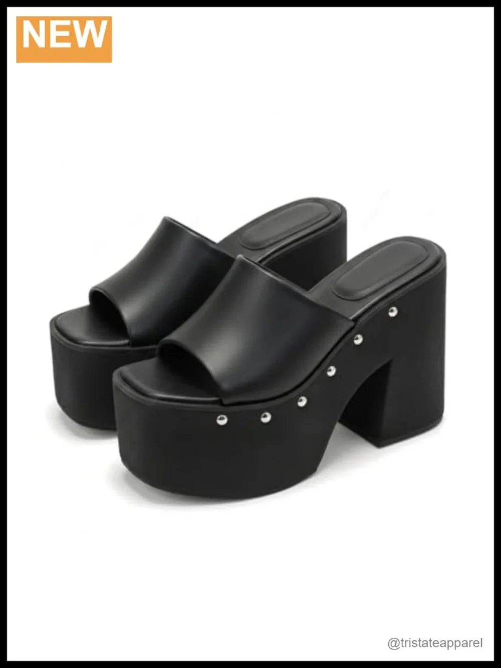 PU Platform Chunky Studded Square Toe Slip-On Block Heel Slides Sandals